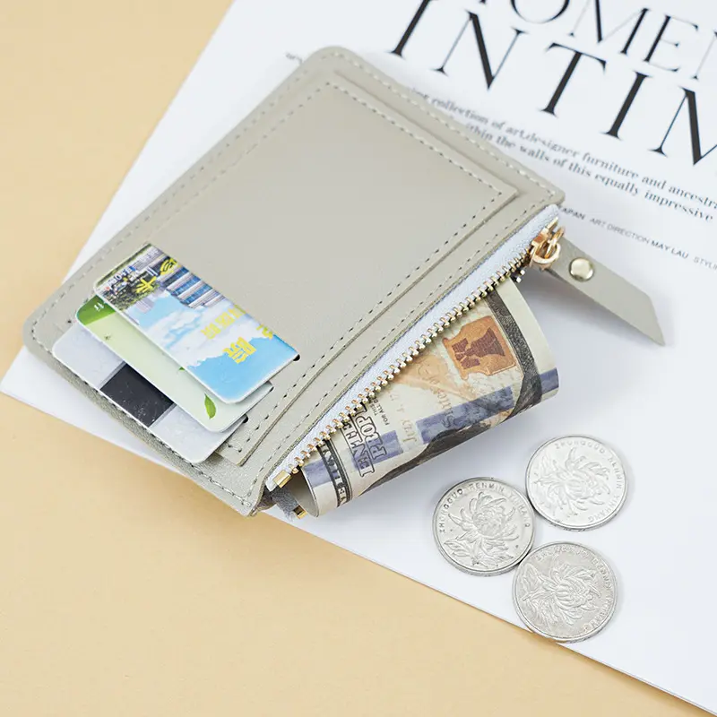 Women's Basic Plain Rectangular PU Leather Mini Card Holder Wallet - Slim Shape Small Zip Coin Purse with Front Pocket, Cash Pouch for Daily Use, Zippered Top
