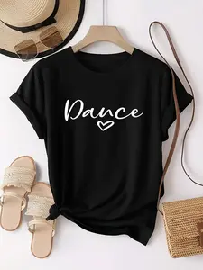 Women' White Cursive "Dance" & Heart Print T-Shirt - Short Sleeve Round Neck Casual Top with Dance, Machine Washable Blouse for Dance Practice & Casual Attire