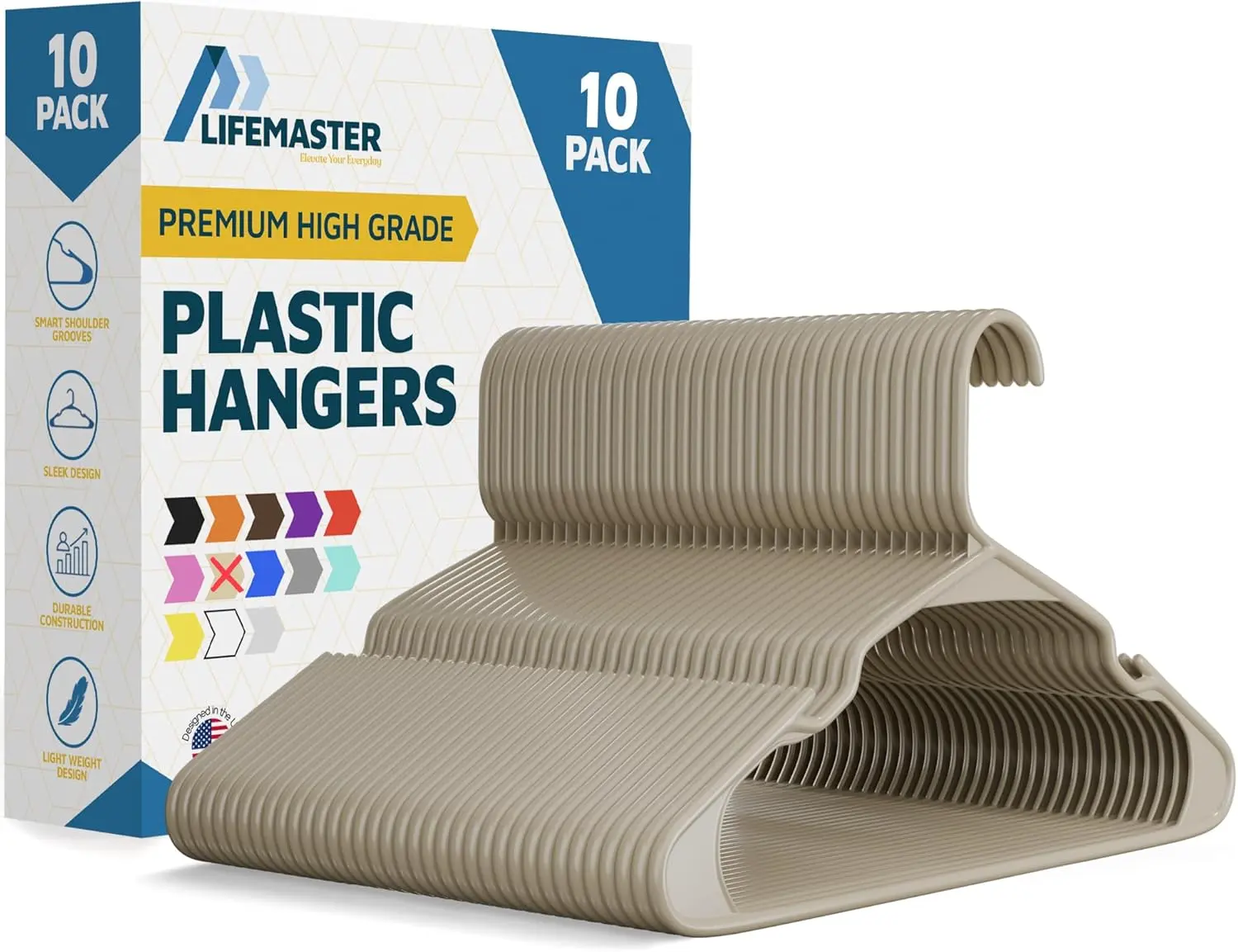 Lifemaster Plastic Clothes Hangers For Garment Closet Storage Heavy Duty Non Slip Shoulder Grooves Ivory 10 Pack