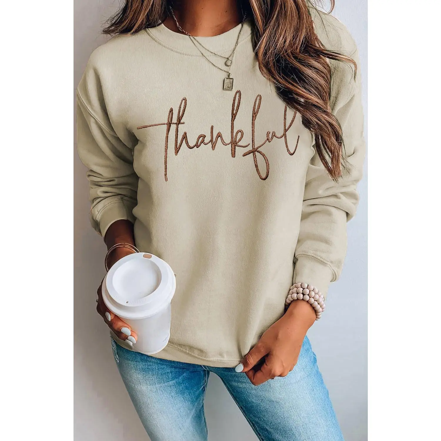 Thankful Embroidered Drop Shoulder Pullover Sweatshirt