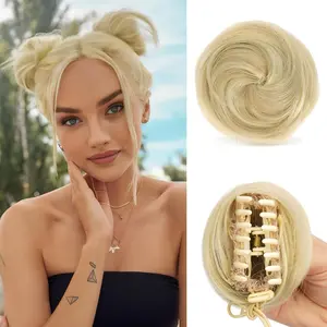 2PCS Mini Claw Clip in Hair Bun Extension Synthetic Wig Accessory Updo Space Bun Hair Messy Cat Ears Hair Bun Pieces for Women, Light Ash Brown & Bleach Blonde