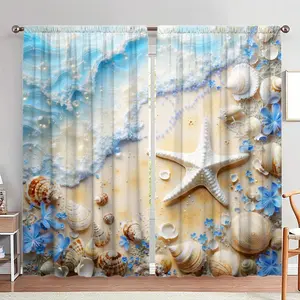 Starfish & Shell Pattern Door Curtain, 1 Set Beach Themed Door Curtain, Window Curtain for Home Living Room Bedroom Decor, Net Curtains Window