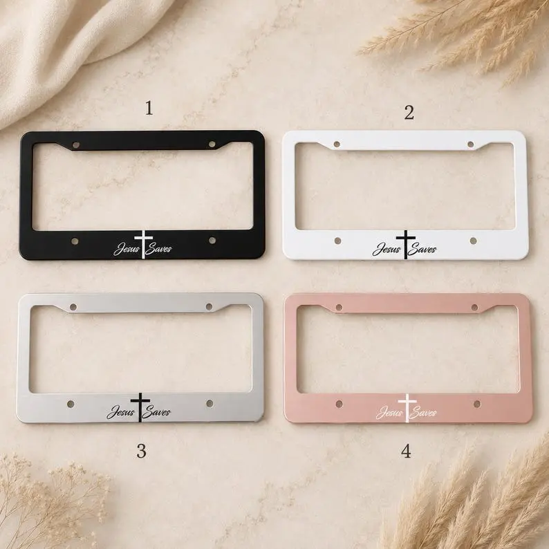 Jesus Saves License Plate Frame, Christian Cross Car Accessory, Faith Auto Tag Holder, Religious Gift, Black White Silver Rose Gold