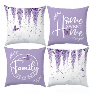 4pcs, Spring/Summer Purple Floral and Butterfly Sweet Home Pillowcase, Home Decor Pillowcase Suitable for Living Room Sofa Bedroom, Single-sided Printing, Without Pillow Core