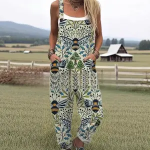 Women's Patchwork Dual Pocket Jumpsuit Loose Floral Print Bohemian Wide Leg Bib Overall