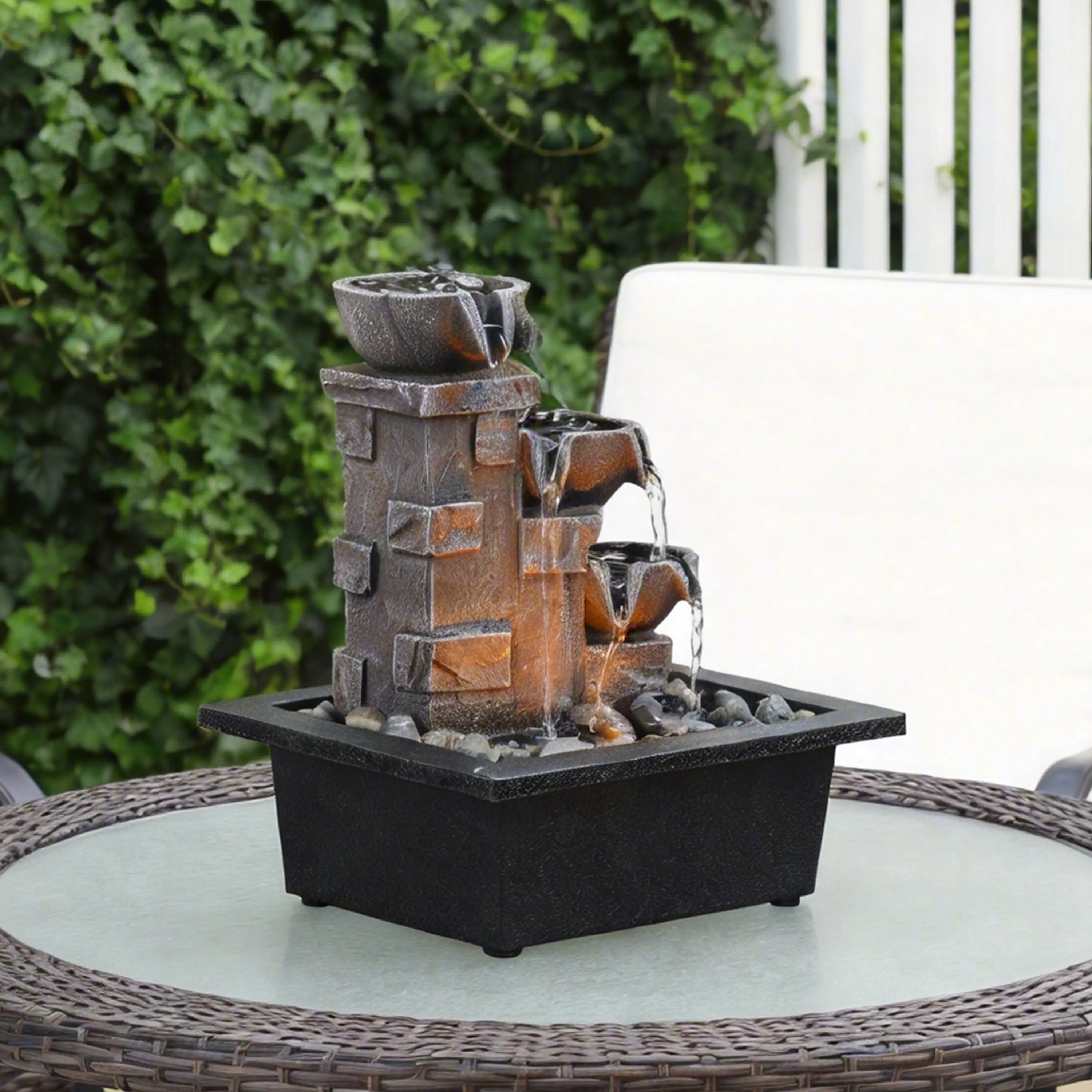 3-Tier Resin Zen Meditation Stone Table Fountain - Waterproof, Lightweight Creative Ornament with River Rocks, LED Lights, Modern Home Decoration for Home, Office Use
