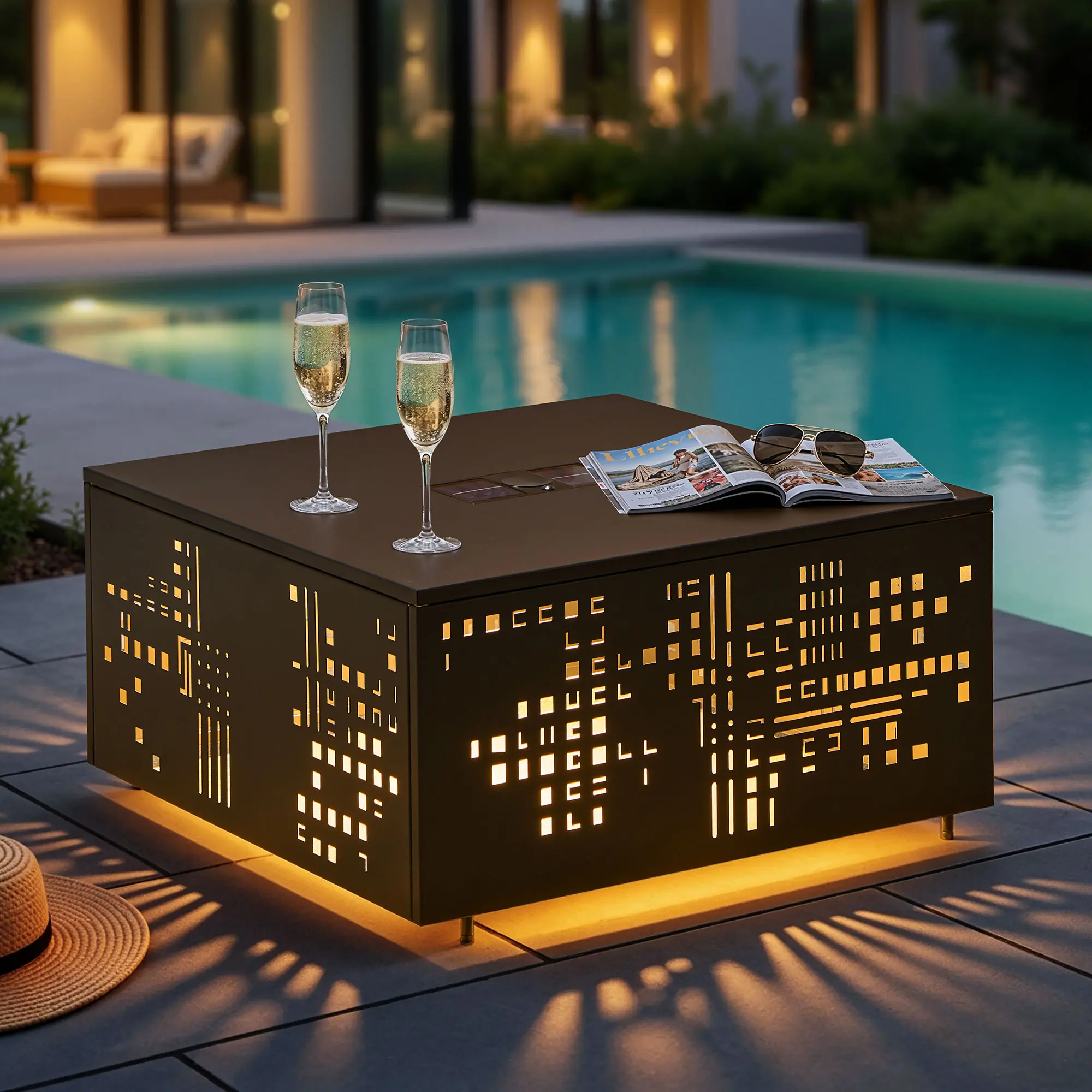 【Summerfinds】Ovios Metal Outdoor Patio Table with Solar LED Light & Umbrella Hole, Modern Patio Accent Table with Ambient Glow, All-Weather Steel Frame for Poolside Backyard Deck Balcony Lounge Area