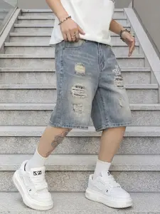 Men's Streetwear Distressed Embroidered Denim Shorts, Comfortable Daily Wear, Fashion Trendy Design, Perfect for Everyday Life