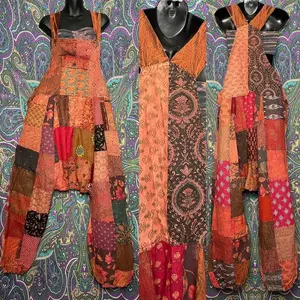 Rose Gold Hippie Patchwork Harem Jumpsuit With Pockets, Unisex Hippy Festival, Pink Red Tan Festie Festifit Romper Auburn, Women's Jumpsuit