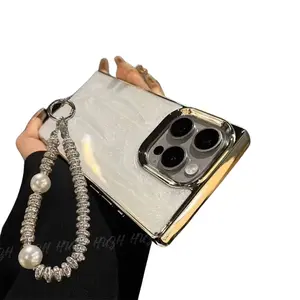 Personalized Square Electroplated 16 Pro Max Phone Case with 15 Hand Chain iP14 High-end Feel 13 Simple 12 Supplier Warranty Included Cement White Bracelet Accessory Customize Electroplated Finish Square Design