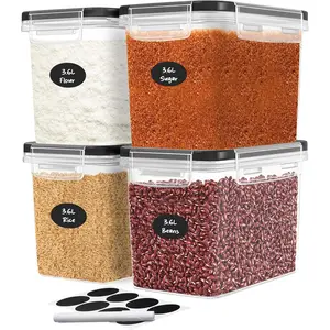 Flour Sugar Storage Containers Set of 4, 3.6L Plastic Airtight Food Storage Containers with Lids for Kitchen Pantry Organization, Dry Food Containers comes with Labels & Marker