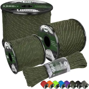 Paracord Reflective 1000lb, 50/100/200/500/1000ft 4mm, 13 Strand Paracord Rope, Parachute Cord for Camping, Fishing, Clothesline, Hammock, Tent & Survival Bracelet, Green