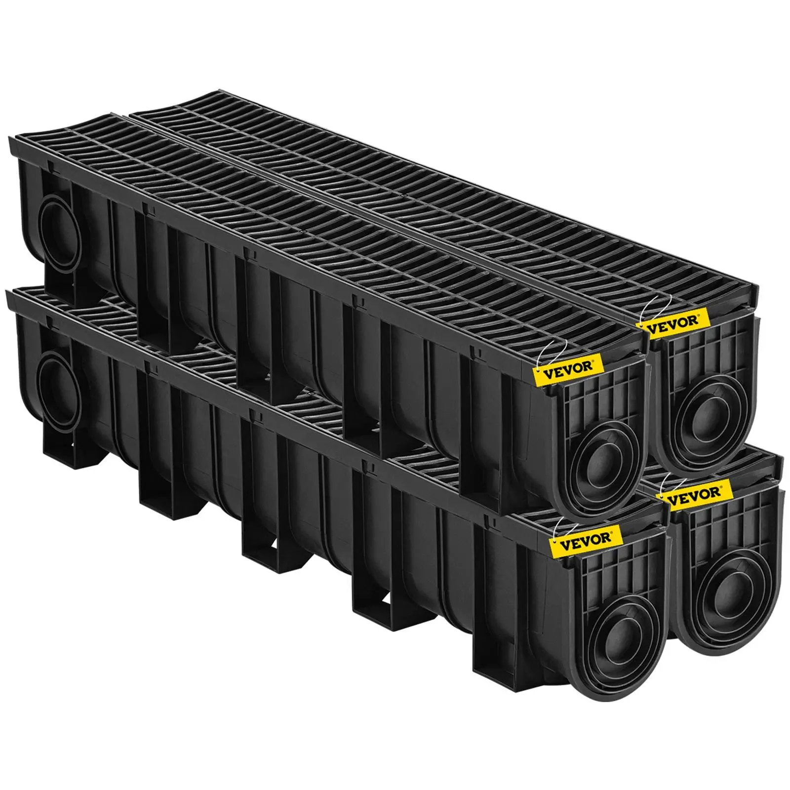 【Summerfinds】VEVOR Low Profile Trench Drain System with 5.9x7.5-Inch HDPE Channel, 4x39-Inch Plastic Grate, Built-In Outlets, Interlock No Leaks, 4 End Caps for Garden, Driveway - 4 Pack Garage Floor Water Drainage Solution