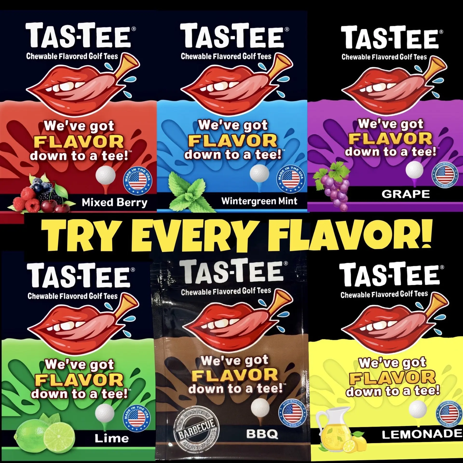 Tas-Tee Variety 4-Packs (24 Total) Flavored Chewable USGA-Compliant Golf Tees for a Delightful Taste Experience