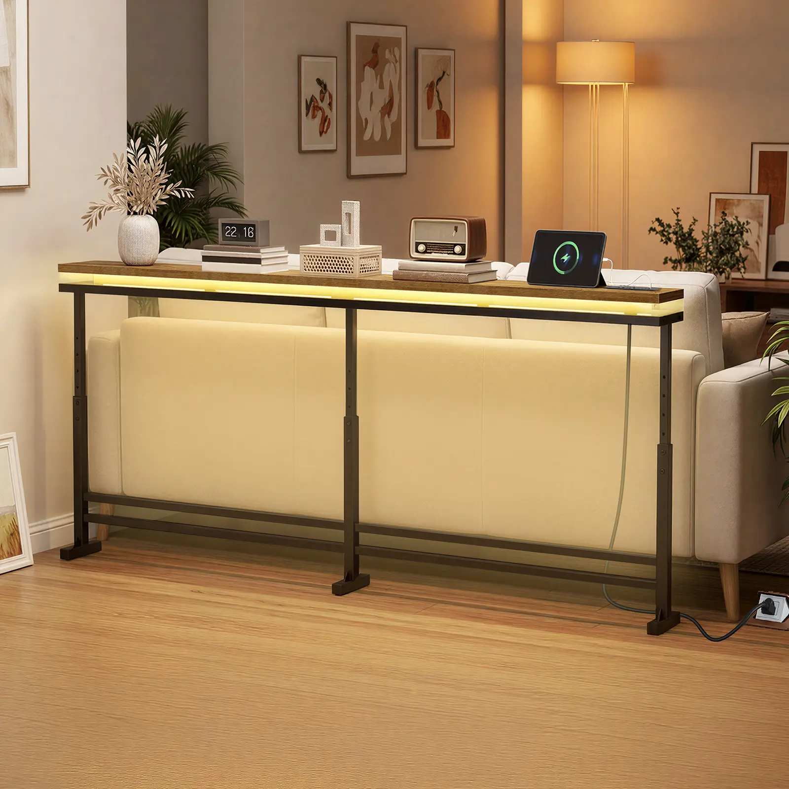 YATINEY 70.9" LED Behind Couch Table with Adjustable Height (27.6"-35.4"), Narrow Console Table with LED Lights, 5.9" Wide Sofa Tables Narrow Long with USB-C Ports, Sofa Side Table, Rustic Brown #SummerVibes#DealsforYouDays #SummerGarden