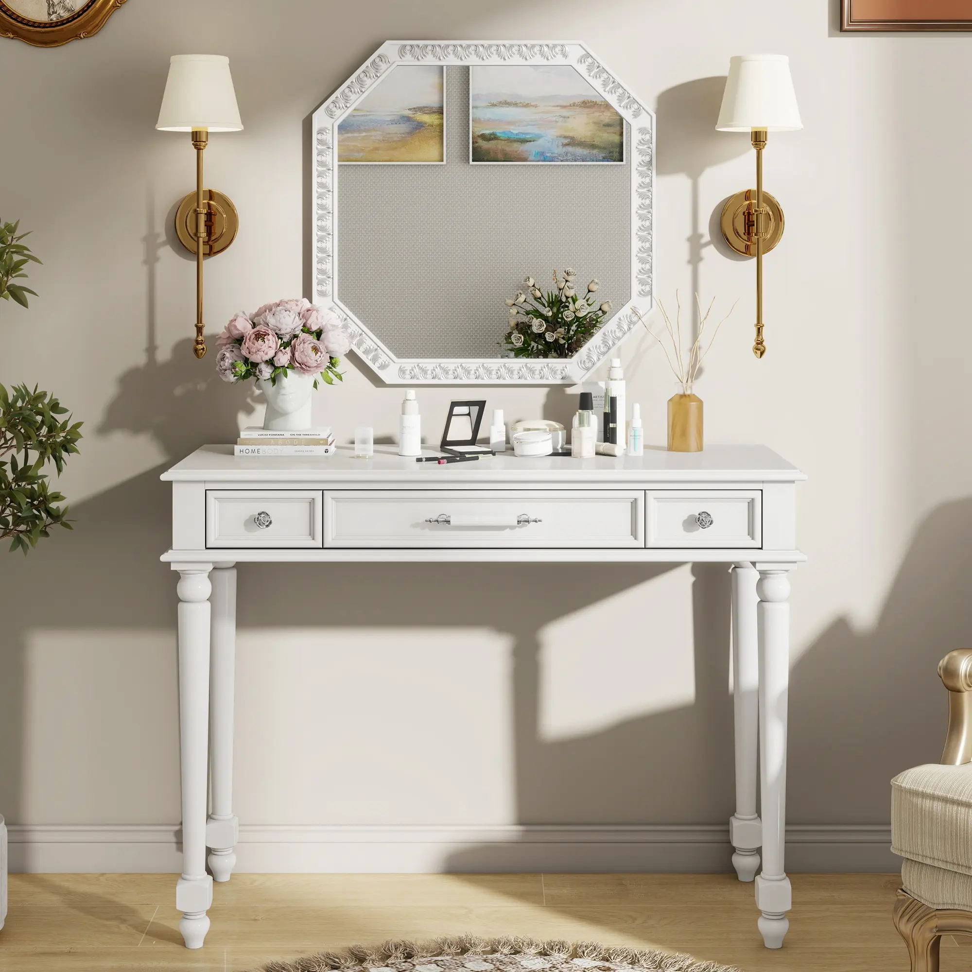 White Vanity Desk with Large Mirror and 3 Drawers, Retro Dressing Table for Jewelry Storage, Elegant Console Table for Bedroom, Living Room, Hallway, Foyer