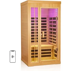 1-2 Person Infrared Sauna, Hemlock Wood Low EMF Far Infrared Saunas for Home, 1350watt Indoor Personal Sauna Room Box with APP Control, Glass Door, Blue-Tooth, LCD, LED Reading Light
