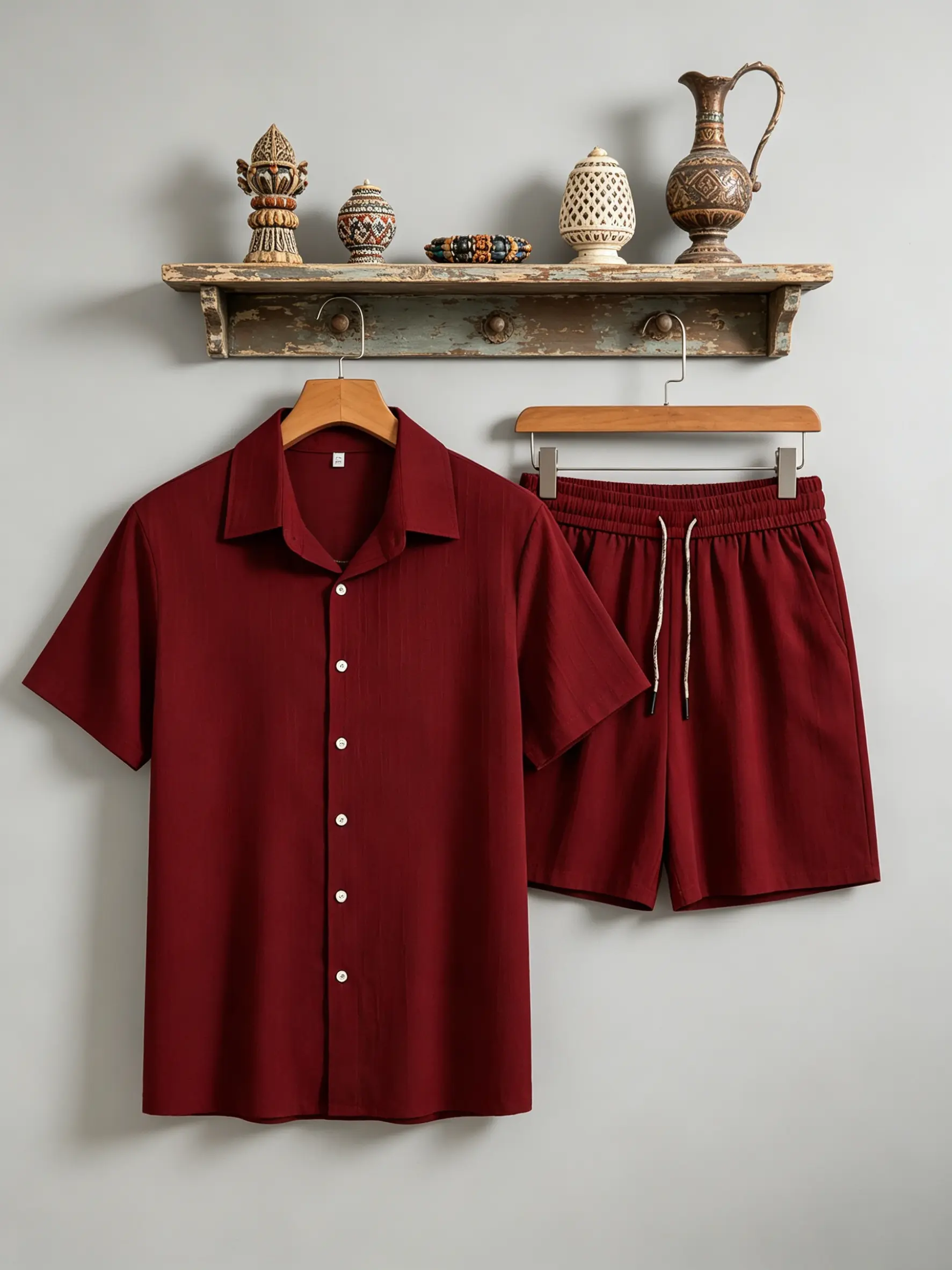 Men's 2-Piece Textured Outfit, Short Sleeve Button Shirt and Shorts Set, Casual Summer Tracksuit for Men, Solid Color Streetwear