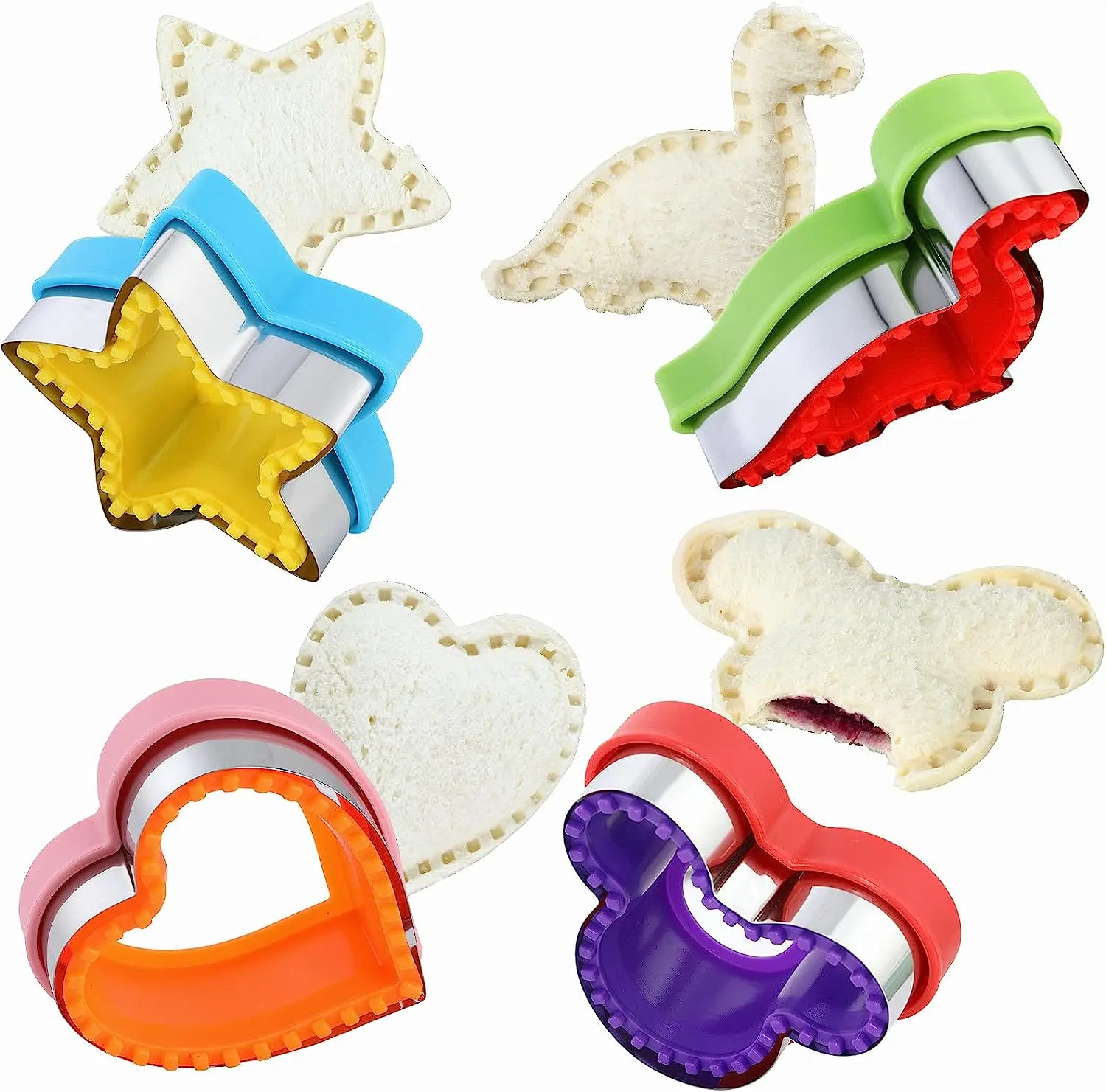 Sandwich Cutter and Sealer Set,4 Pcs Bread Sandwich Decruster Pancake Maker DIY Cookie Cutters for Kids Bento Box,Heart Dinosaur Star Shapes
