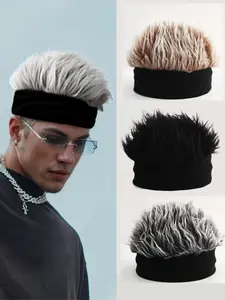 Men'S Hip-Hop Fashion Beanie Fitted with Faux Hair - Black Knit Skull Cap for Parties, Cosplay & Casual Wear, Stylish Skull Hat, Party Accessory, Modern Accessory, Durable Headgear, High Quality Hat