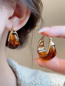 French Vintage Maroon Resin Round Elegant Minimalist Earrings, Simple Elegant Design for Women, Perfect for Parties and Daily Wear