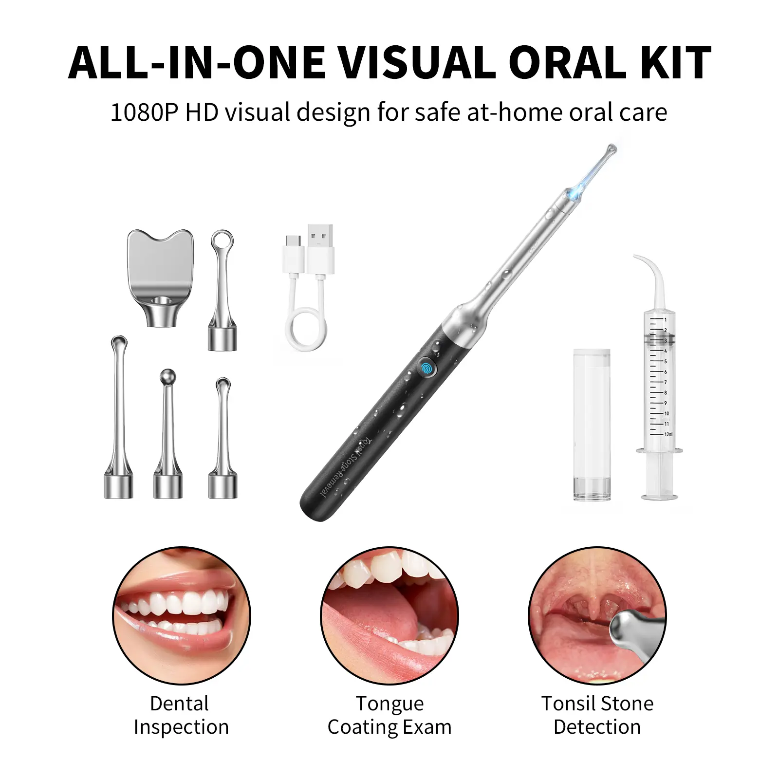 Say Bye to Bad Breath Visual Oral Health Inspection Tonsil Stone Remover Kit with 1080P HD Camera & Light, 5 Attachments, Rechargeable, Waterproof for iOS/Android
