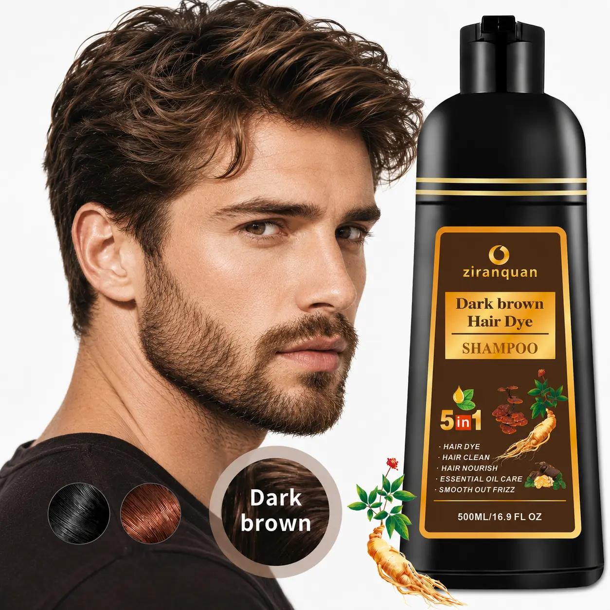 No-Fuss Dark Brown Hair Dye Shampoo, 5 in 1 Instant Color Depositing Shampoo for Gray Hair, Organic Ginseng & He Shou Wu Formula, Vegan & Ammonia-Free Hair Coloring Shampoo for Men Women, Fast 15-Min Beard & Mustache Dye Reusable Hair Care 16.9 Fluid Oz
