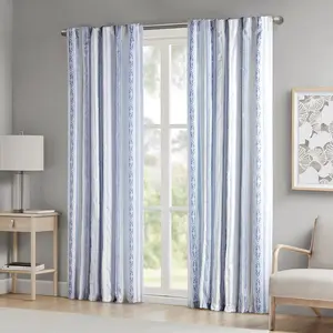 360 stand Veronica Stripe Single Panel Curtain - 50x84x0.13in Polyester Print Light Filter Curtain with Tufted Stripe, White & Navy, Farmhouse Vibe (MP40-8462), Bohemian Style Panels, Curtain Fabric Panels