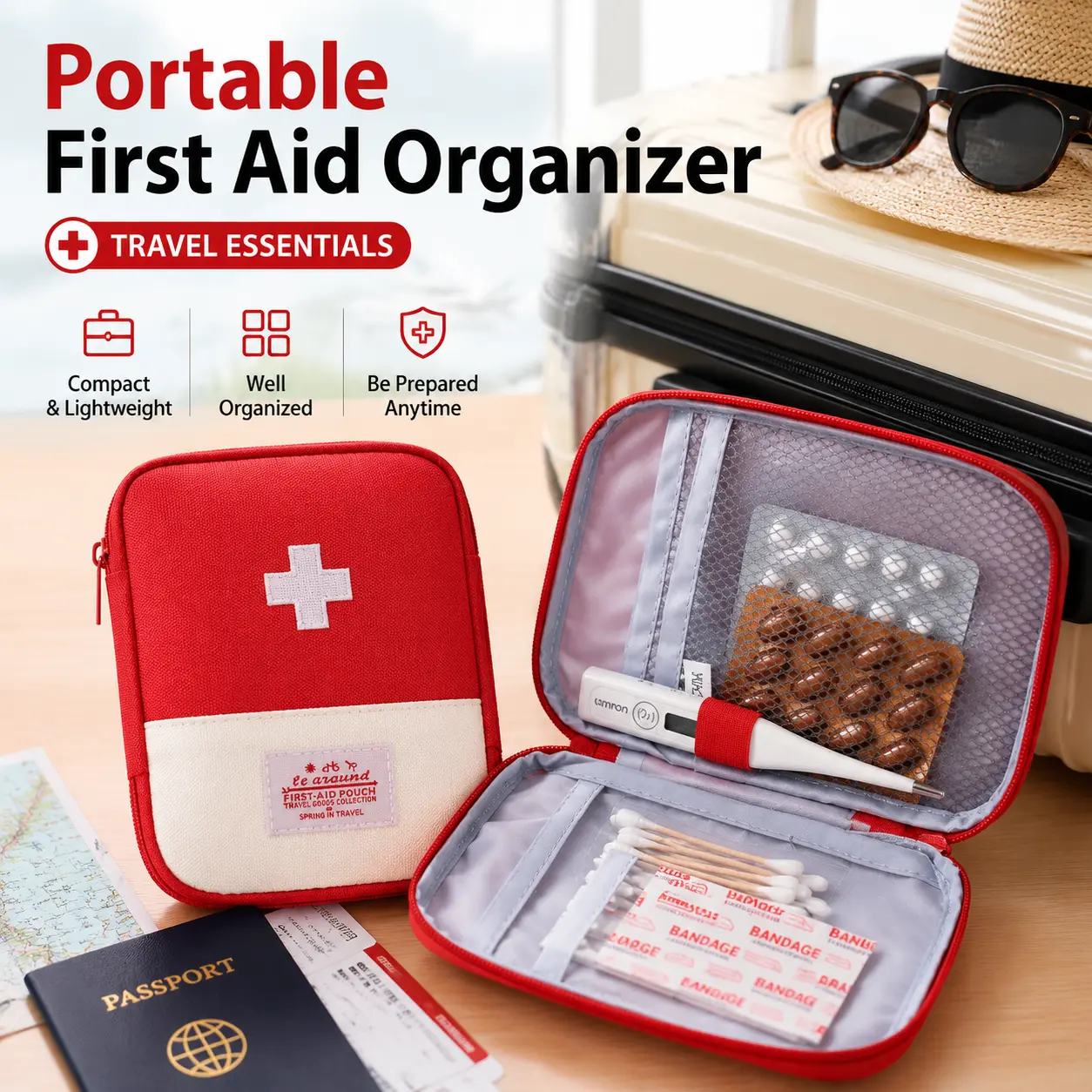 Portable First Aid Bag, Travel Medicine Organizer with Multiple Compartments, Compact Emergency Medical Storage Pouch for Home, Car & Travel