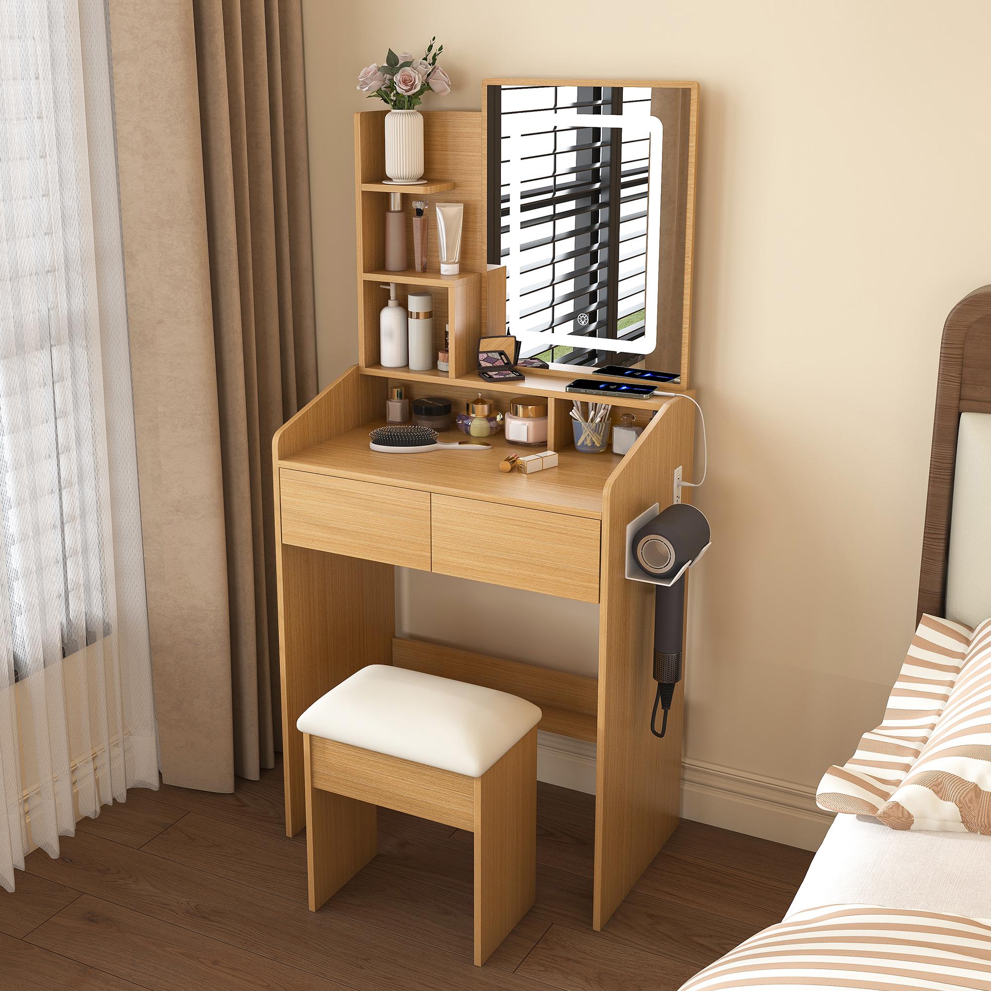 Vanity Table with LED-Illuminated Mirror, Power Outlet, Hairdryer Holder & Stool – Compact Dressing Desk for Small Bedrooms(Wood) Vanity Table with LED-Illuminated Mirror, Power Outlet, Hairdryer Holder & Stool – Compact Dressing Desk for Small Bedrooms(Wood)