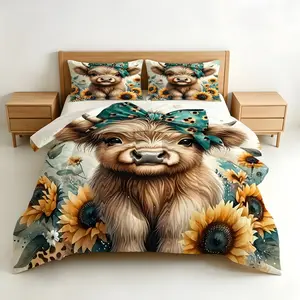 2/3 Piece Adorable Highland Cow and Sunflower Print Comforter Set, Rustic Country Style Bedding, Quilted Design, Warm and Breathable, Suitable for Bedroom and Guest Room Decor, Year Round Use. Pillow Inserts Not Included