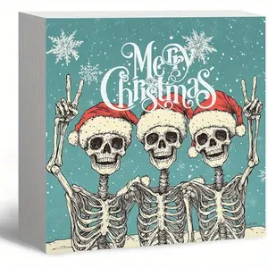 Gothic Christmas Decor, Funny Skeleton Santa Christmas Wooden Box Sign, FunnyChristmas Decorations, Santa Hat Wood Signs for Home Office Desk Shelf Table Decor, 5x5 Inch (Turquoise)