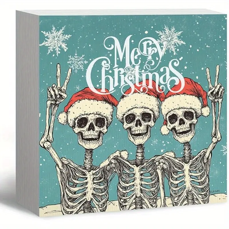 Gothic Christmas Decor, Funny Skeleton Santa Christmas Wooden Box Sign, FunnyChristmas Decorations, Santa Hat Wood Signs for Home Office Desk Shelf Table Decor, 5x5 Inch (Turquoise)