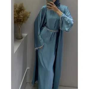 Eid Silky Satin Party Abayas Set 2 Piece Ramadan Women With 2 Diamond Chains Cardigan Robe Islamic Abaya 2026