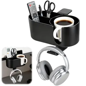 4-In-1 Office Desk Cup Holder with Clip-On Headphone Stand, Detachable Pen Holder Hook Storage Box, Work Organizer, Table Organizers, Suitable for Office Desk, Outdoor Bench, Boat