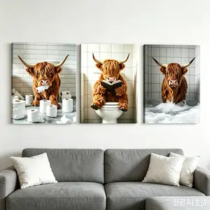 Funny Highland Cow Bathroom Canvas Wall Art, Set of 3 Framed Farmhouse Animal Prints, Modern Humor Cow Wall Decor for Restroom, Living Room, Bedroom