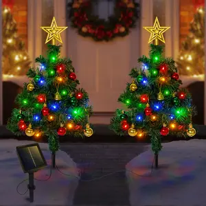 2PCS Solar Chrismas Tree Pathway Lights, Xmas Tree with Solar Led Lights and Various Christmas Ornaments, Outdoor Solar Christmas Decorations for Garden, Yard