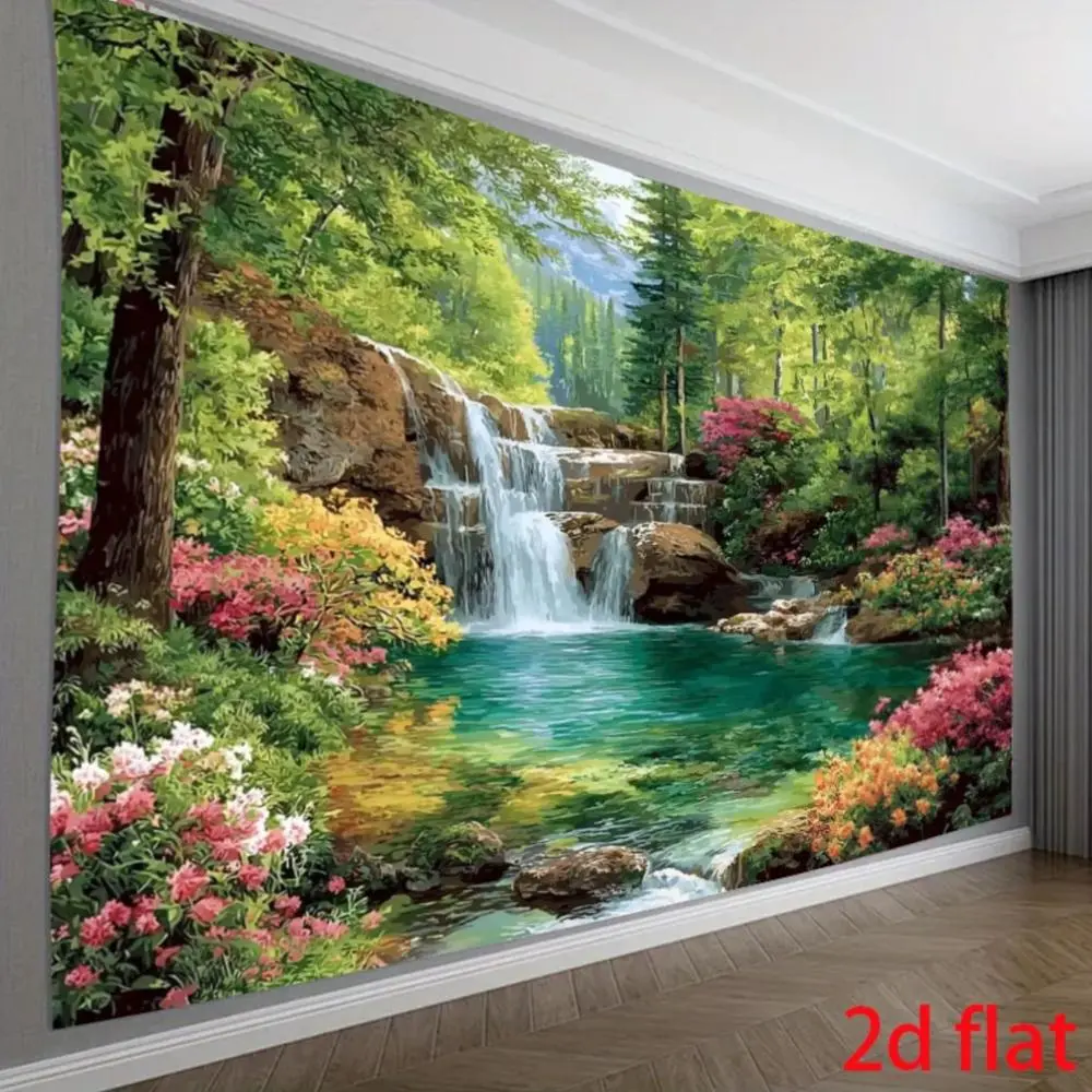 1PC Polyester Reusable High-Def 2D Flat Natural Landscape Tapestry - Digital-Printed Wall Hanging with Waterfall, Forest, Floral Designs for Living Room, Bedroom Decoration, Birthday Photography Backdrop,summerwins