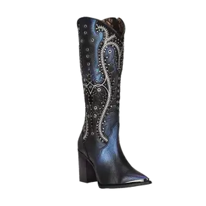 Cuadra Ladies Studded & Embroidered Black Pointed Toe Boots CU727