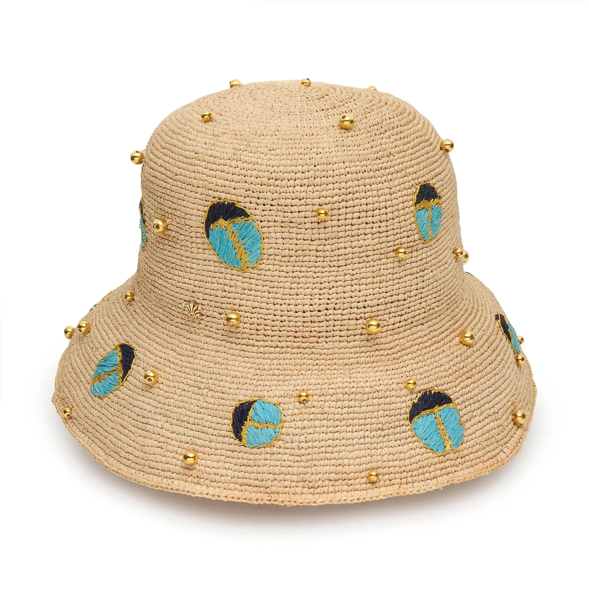 TURQUOISE LAPIS SCARAB EMBELLISHED RAFFIA BUCKET HAT