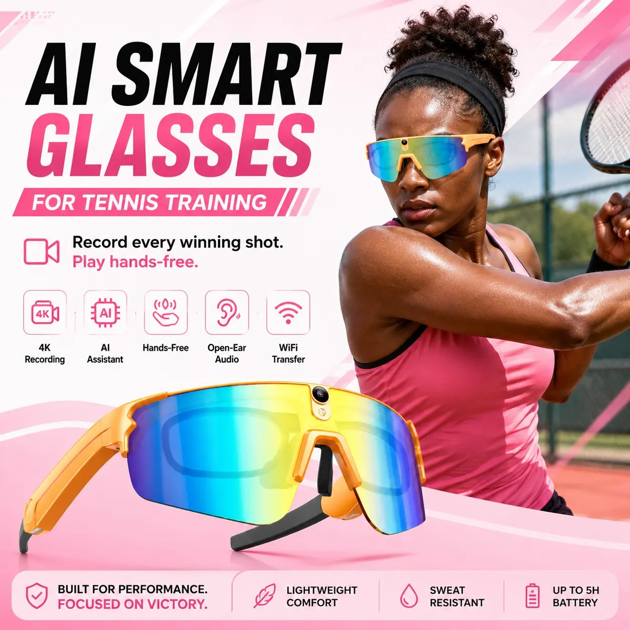 AI Smart Tennis Sports Sunglasses with Camera, 32MP Photo & 1200P Video Recording, Bluetooth 5.4, Ideal for Tennis, Cycling, Golf, Running, Driving, Wireless Smart Sports Eyewear