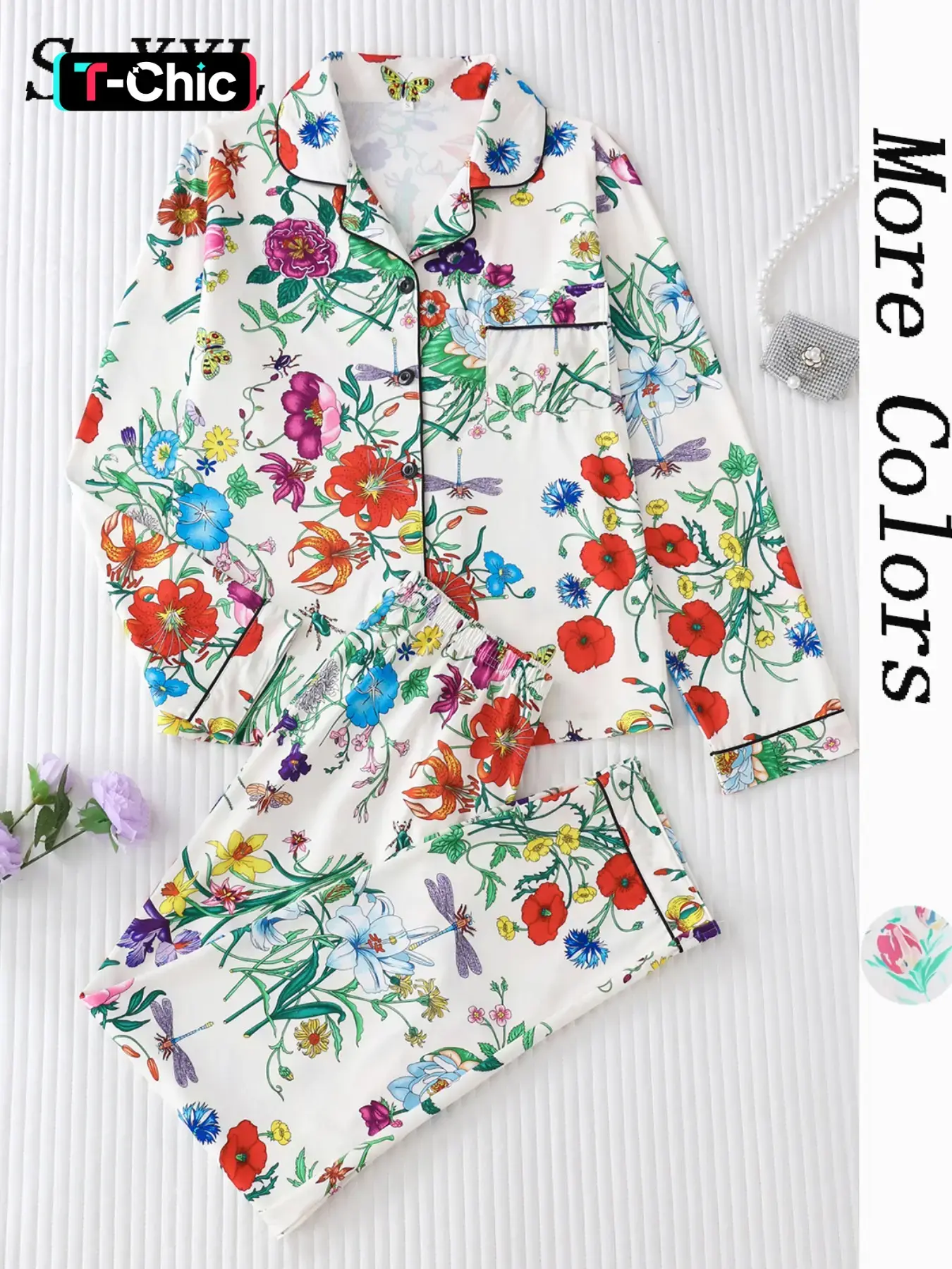 Women's All Over Floral Print Button Front Pocket Shirt & Elastic Waist Pants Pyjama Set, Casual Comfy Two-piece Pj Set, Matching Pj Set, Ladies Sleepwear for All Seasons Pajama Set, Casual Fitted Pajamas, Loungewear, Loungewear Sets