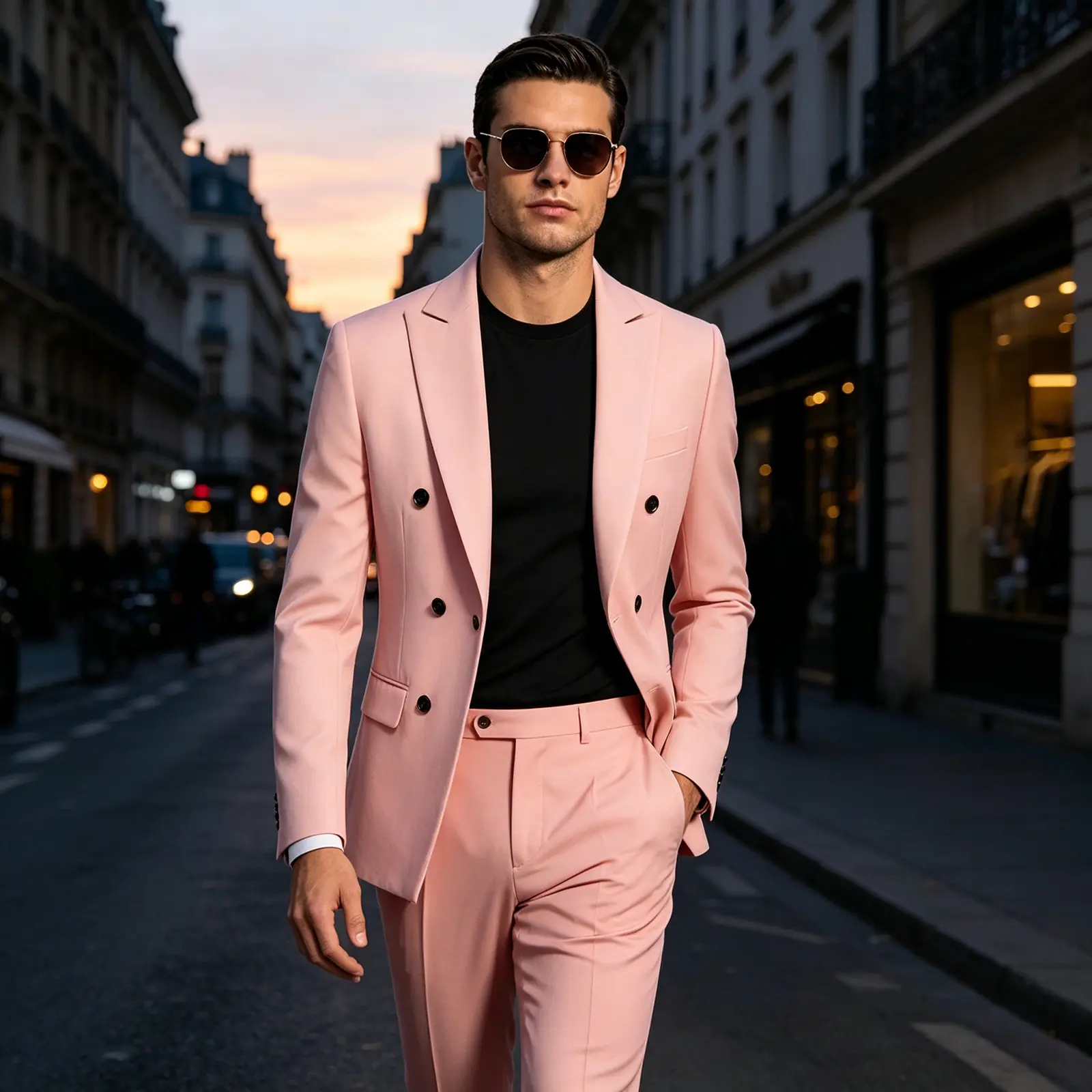 Men's Blush Pink Double-Breasted Suit 2-Piece, Slim Fit Formal Blazer + Pants Set for Party/Wedding