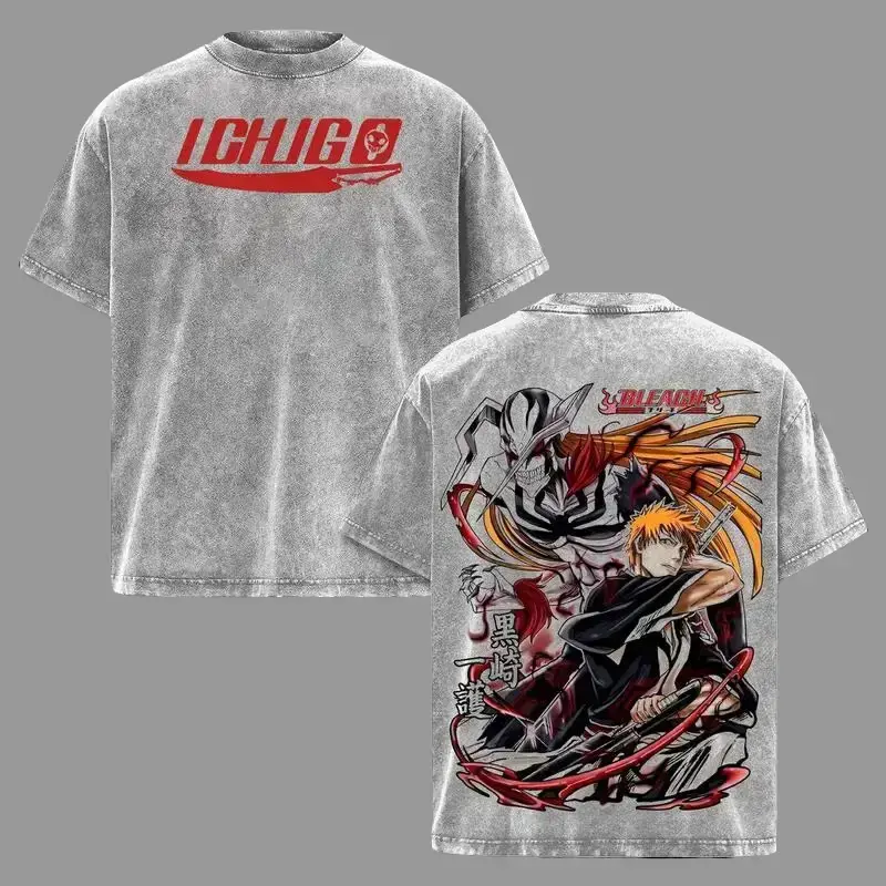 Bleach Anime Graphic T-Shirt for Men - Oversized Round Neck Ichigo Kurosaki Top, Vintage Washed Heavyweight Cotton Streetwear, Tshirt, Anime Hollow Mask Soul Reaper, Pre-Washed Fabric, Vibrant, S, M