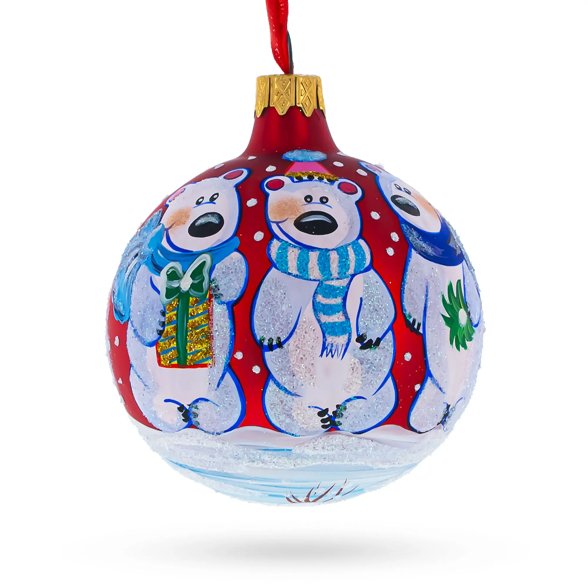 Three Polar Bears Blown Glass Ball Christmas Ornament 3.25 Inches