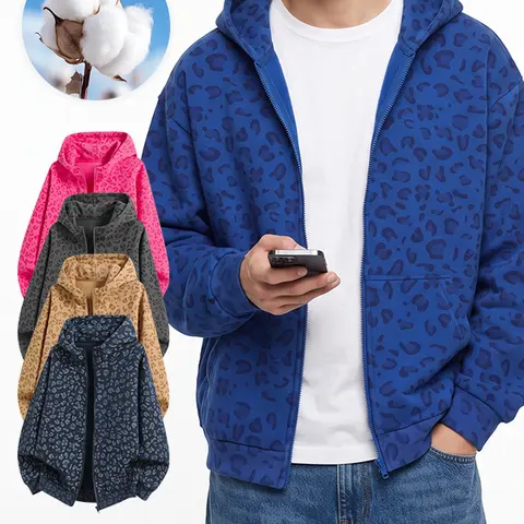 Unisex Full Zip Leopard Hoodie Jacket Loose Oversized Hooded Sweatshirt, Trendy Animal Print Zip Up Hoodie, Casual Streetwear Oversized Sweatshirt for Men Women