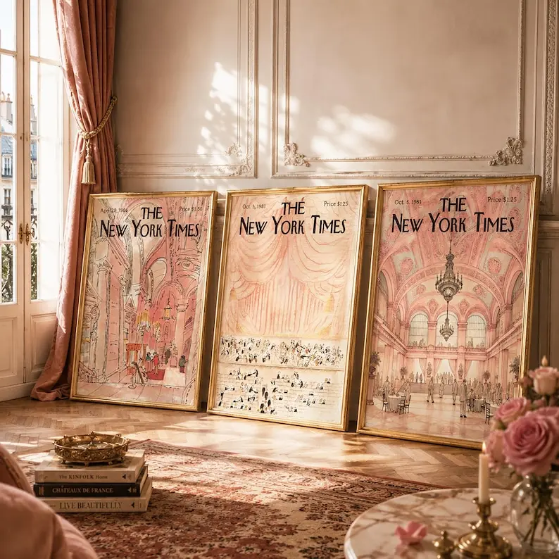 New York Times Wall Art Set of 3, Vintage Coquette Poster, Pink Old Money Aesthetic Print, French Ballroom Decor