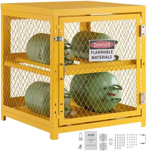 【fathersdaygift】VEVOR Horizontal Cylinder Storage Cabinet, 4 x 33 lbs Cylinder Capacity, 31.02x30.04x35 inch Propane Storage Cage, Gas Cylinder Cabinet, Yellow Powder Coat Finish, for Freon, Gases, Oxygen, Nitrogen