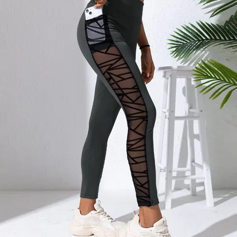 Women's High Waist Sports Tummy Control Tummy Control Leggings with Pocket, High Waist Activewear, Solid Color Breathable Mesh Stitching Yoga Wear Legging