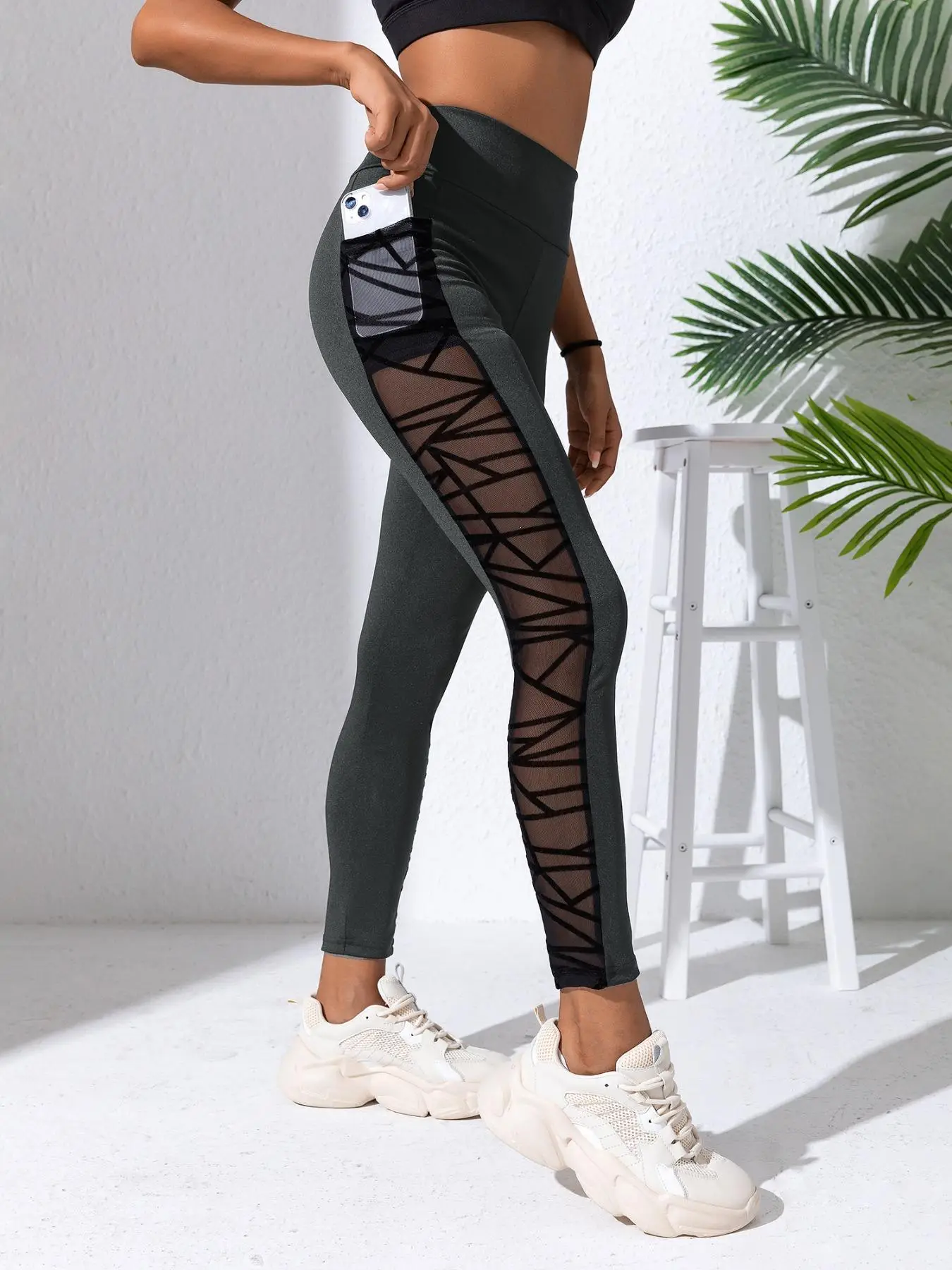 Women's High Waist Sports Tummy Control Tummy Control Leggings with Pocket, Solid Color Breathable Mesh Stitching Yoga Wear Legging